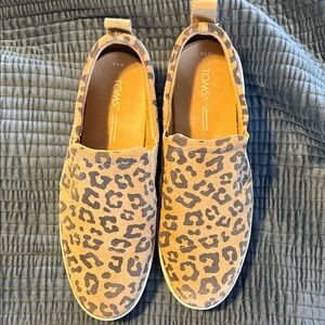 TOMS Tan and Brown Leopard Slip-Ons